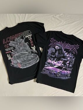 Lowered Empire Set of 2 Size Sm Tshirts purple Godzilla pink samurai car culture